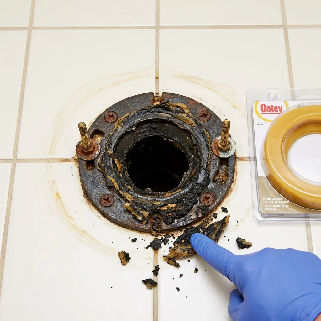 Failed wax ring showing water seepage at the base of a toilet in a Mexico, MO home
