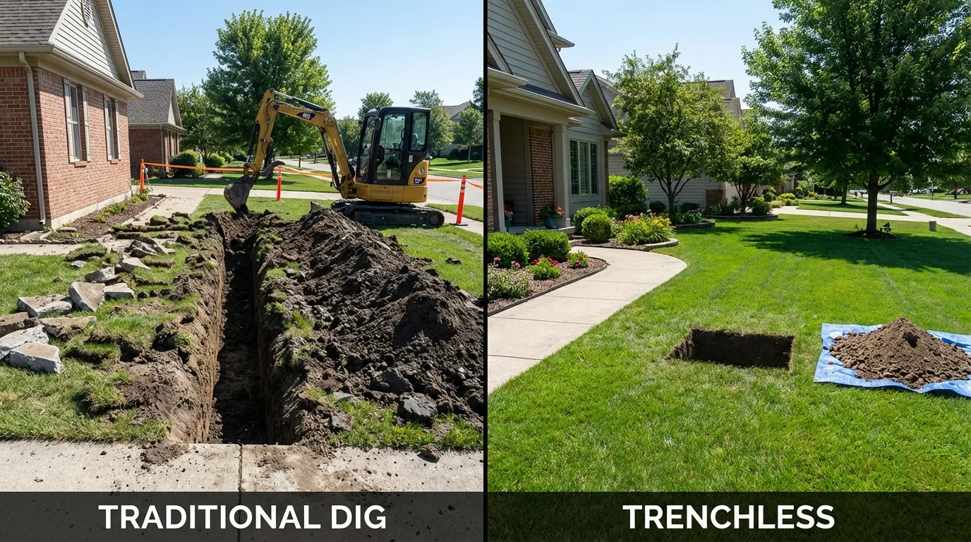 Trenchless sewer repair with minimal yard damage versus traditional excavation in Mexico, MO